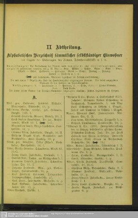 II. Abtheilung. Einwohnerverzeichnis : II. Abtheilung. Alphabetisches Verzeichnis Verzeichniß sämmtlicher selbständiger Einwohner