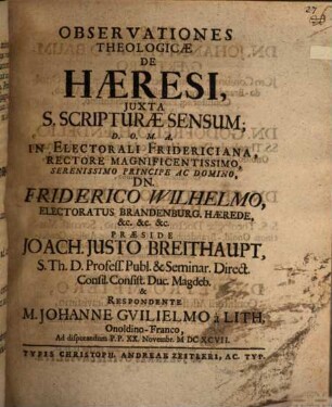 Observationes Theologicae De Haeresi, Iuxta S. Scripturae Sensum