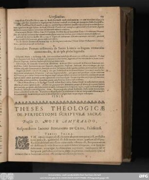 Theses Theologicae De Perfectione Scripturae Sacrae. Praeside D. Mose Amyraldo, Respondente Iacobo Beniamino Duclos, Falesiensi.