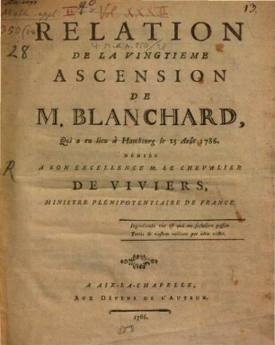 Relation de la vingtième ascension de M. Blanchard qui a eu lieu à Hambourg le 23 Aout 1786