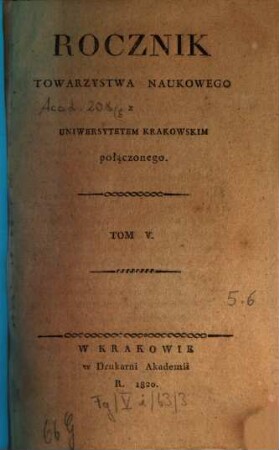 Rocznik Ces. Król. Towarzystwa Naukowego Krakowskiego. 5. 1820