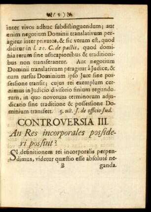 Controversia III. An Res incorporales possideri possint?
