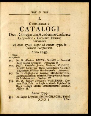 I. Continuatio Catalogi Dnn. Collegarum Academiae Caesareae Leopoldino - Carolinae Naturae Curiosorum