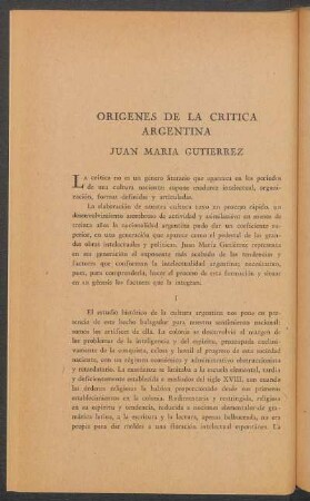 Orígenes de la crítica argentina : Juan María Gutiérrez