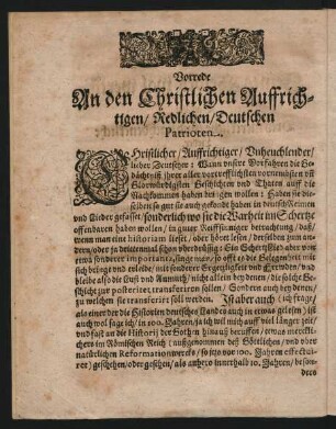 Vorrede An den Christlichen Auffrichtigen/ Redlichen/ Deutschen Patrioten.