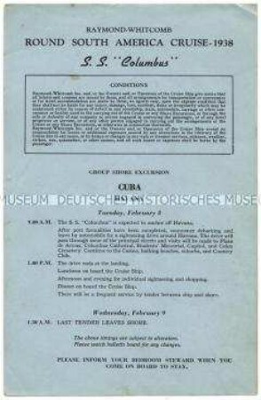 Ausflugsprogramm von der Südamerika-Rundreise auf der "Columbus" für den Aufenthalt auf Cuba (englisch) - Nachlass