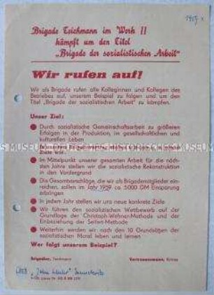 Flugblatt mit dem Aufruf einer Brigade aus dem VEB "John Scheer" Meuselwitz zum sozialistischen Wettbewerb
