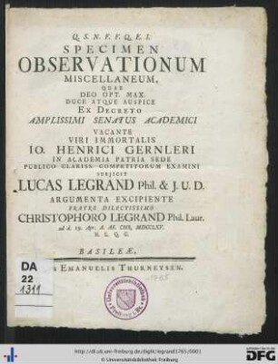 Specimen Observationum Miscellaneum