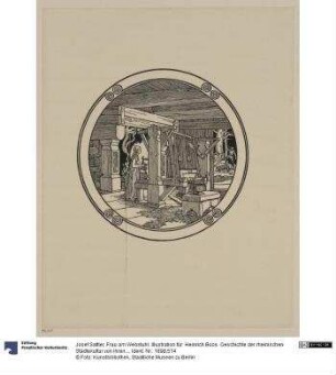 Frau am Webstuhl. Illustration für: Heinrich Boos. Geschichte der rheinischen Städtekultur von ihren Anfängen bis zur Gegenwart mit besonderer Berücksichtigung der Stadt Worms. Berlin: Stargardt 1897