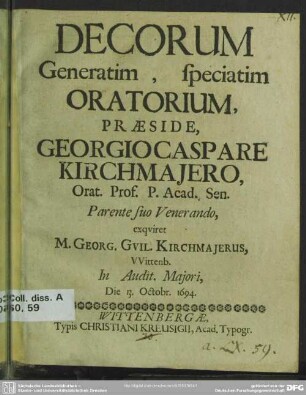 Decorum generatim, speciatim oratorium