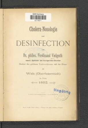 Cholera-Nosologie und Desinfection