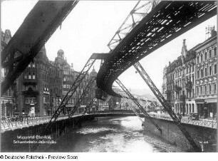 Trasse der Schwebebahn über der Wupper zwischen den Straßenzügen Islandufer (links) und Schloßbleiche : Wuppertal-Elberfeld. Trasse der Schwebebahn über der Wupper zwischen den Straßenzügen Islandufer (links) und Schloßbleiche