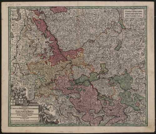 Synopsis Circuli Rhenani Inferioris sive Electorum Rheni : exhibens Archi-Episcopatum Moguntinum, Coloniensem, Trevirensem Et Palatinatum Rheni, Comitatus Beilstein, Newenaer, Isenburg Infer. Et Reifferscheid ; Cu. Gr. et Pr. S. R. I. Vicariat. in partib. Rheni, Sveviae et Iuris Franconici / ob oculos posita à Matth. Seutter, Sac. Caes. Maiest. Geogr.