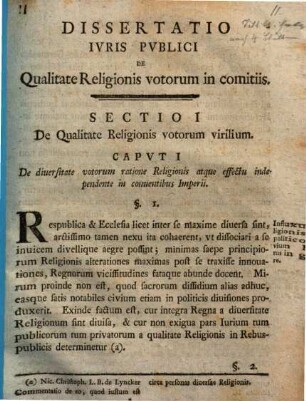 Dissertatio Ivris Pvblici De Qvalitate Religionis Votorvm In Comitiis