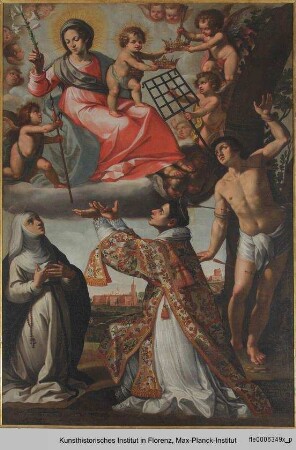 Drei christliche Heilige empfangen Würdezeichen von der Madonna in den Wolken