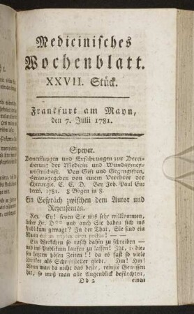 XXVII. Stück. Frankfurt am Mayn, den 7. Julii 1781. - XXX. Stück. Frankfurt am Mayn, den 28. Julii 1781.