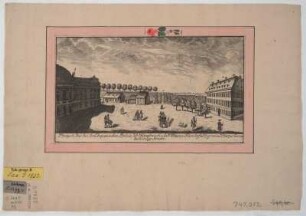 Ansicht des Platzes vor dem Japanischen Palais in Dresden-Neustadt, Kupferstich, vor 1782 : Prospect, des bei dem Japanischen Palais, der Hauptwache, und Weissen Thore befindl. grossen Platze bis an die Koenigs Strasse / [gez. u. gest. F. G. Schlitterlau] - [Dresden] , [vor 1782]. - 1 Kunstbl. : Kupferstich ; 25 x 13 cm