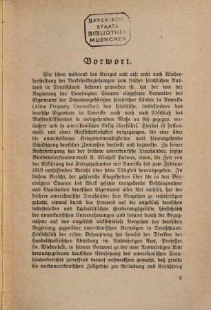 Bericht des deutschen Treuhänders für das feindliche Vermögen über die Behandlung des amerikanischen Vermögens in Deutschland