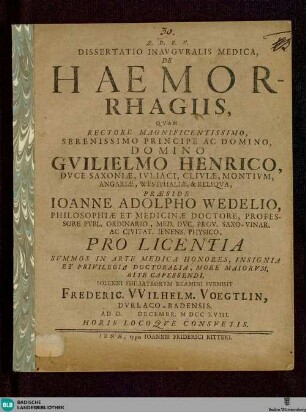 Dissertatio Inavgvralis Medica, De Haemorrhagiis : Ad D. Decembr. M DCC XVIII. Horis Locoqve Consvetis