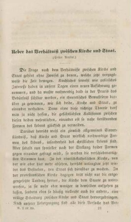 289-327 Ueber das Verhältniß zwischen Kirche und Staat : erster Artikel