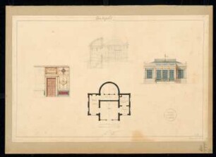 Badehaus Monatskonkurrenz Februar 1829: Grundriss, Aufriss Vorderansicht, Längsschnitt, Teilaufriss einer Innenwand; Maßstabsleiste