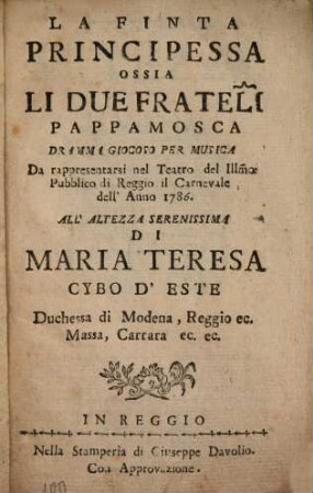 La finta principessa ossia Li due frateli Pappamosca : Dramma giocoso per musica
