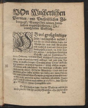 Von Wucherlichen Partiten/ und Unchristlichen Jüdenzugk/ Sampt den newen heimlichen eingeschlichenen/ Ja/ unerhörten Auffsatz.