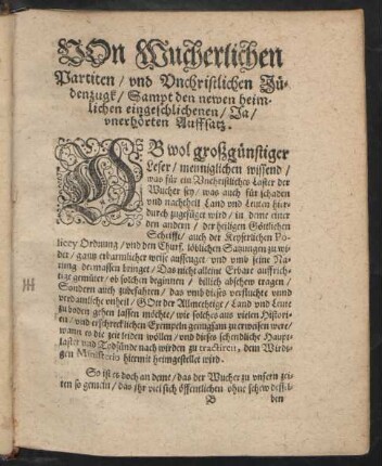 Von Wucherlichen Partiten/ und Unchristlichen Jüdenzugk/ Sampt den newen heimlichen eingeschlichenen/ Ja/ unerhörten Auffsatz.