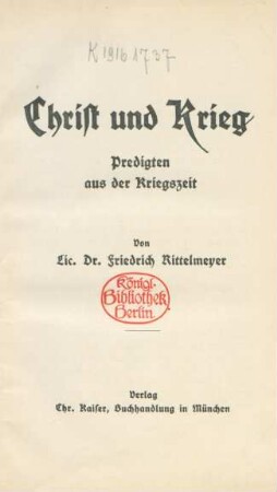 Christ und Krieg : Predigten aus der Kriegszeit