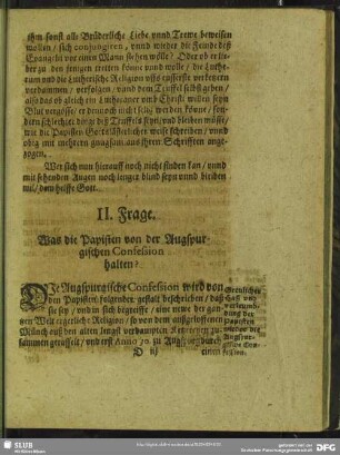 II. Frage. Was die Papisten von der Augspurgischen Confession halten?