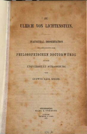 Zu Ulrich von Lichtenstein : Inaugural-Dissertation