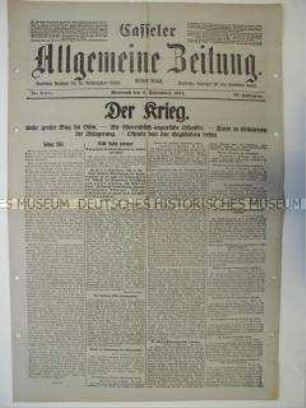 Regionale Tageszeitung "Casseler Allgemeine Zeitung" mit Meldungen und Berichten von verschiedenen Kriegsschauplätzen