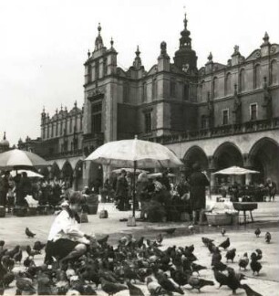 Krakow. Taubenfütterung und Blumenmarkt vor den Tuchhallen am Hauptmarkt (Sukiennice)