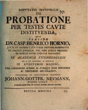 Disputatio Inauguralis De Probatione Per Testes Caute Instituenda