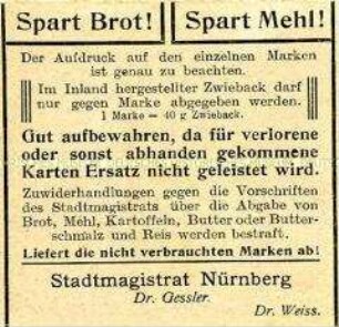 Brot- und Mehl-Karte der Stadt Nürnberg (ohne Marken)
