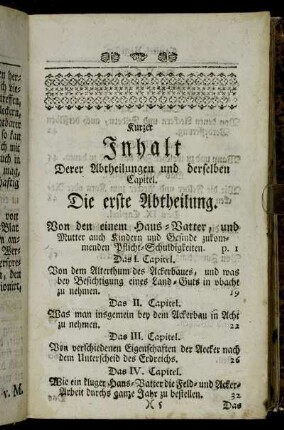 Kurzer Inhalt Derer Abtheilungen und derselben Capitel.