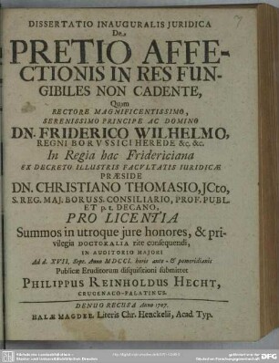 Dissertatio Inauguralis Iuridica De Pretio Affectionis In Res Fungibiles Non Cadente