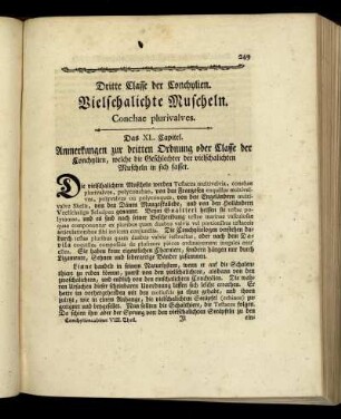 Das XL. Capitel. Anmerkungen zur dritten Ordnung oder Classe der Conchylien, welche die Geschlechter der vielchalichten Muscheln in sich fasset.