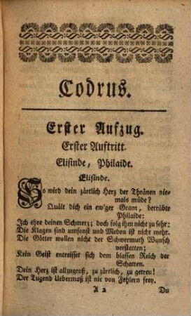 Codrus : ein Trauerspiel in fünf Aufzügen ; Auf der Kaiserl. Königl. privilegirten deutschen Schaubühne zu Wienn vorgestellet. Im Jahr 1760