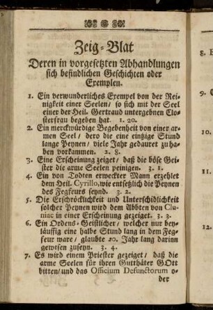 Zeig-Blat Deren in vorgesetzten Abhandlungen sich befindlichen Geschichten oder Exemplen.