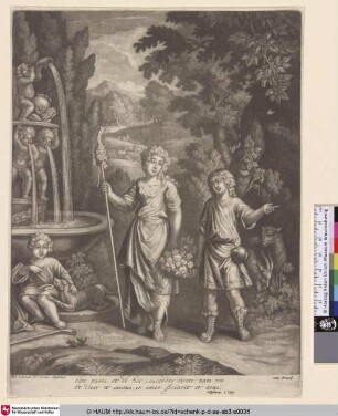 [Schaferin und Schäfer; Shepherd and shepherdess to right of a fountain carrying basket for flowers]