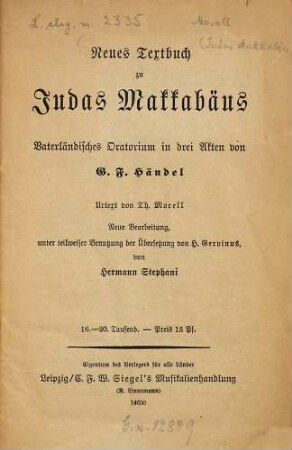 Neues Textbuch zu Judas Makkabäus : vaterländisches Oratorium in drei Akten