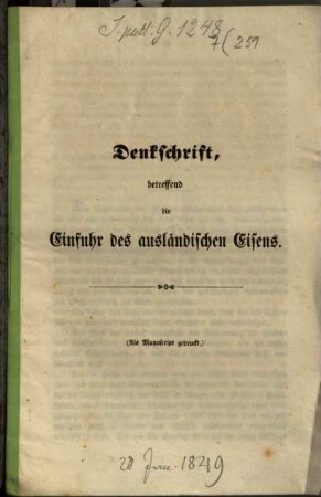 Denkschrift, betreffend die Einfuhr des ausländischen Eisens