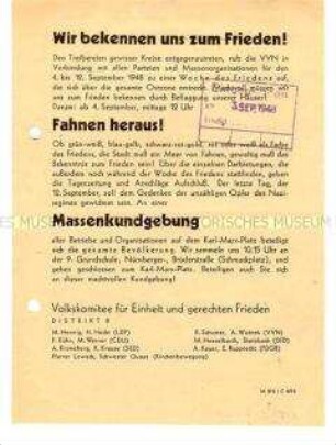 Aufruf des Volkskomitees für Einheit und gerechten Frieden Leipzig zur "Woche des Friedens"