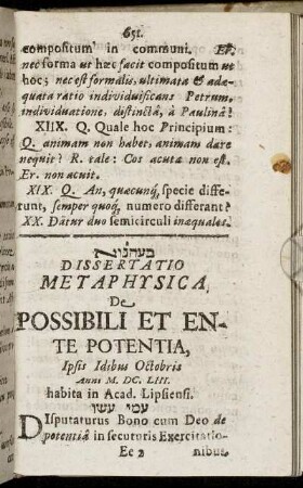 Dissertatio Metaphysica De Possibili Et Ente Potentia.