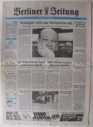 Fragment der "Berliner Zeitung" u.a. zur Diskussion innerhalb der SPD um den Spitzenkandidaten für die Bürgermeisterwahl