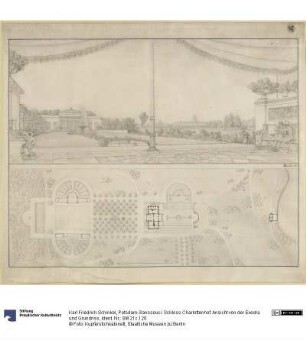Potsdam-Sanssouci. Schloss Charlottenhof. Ansicht von der Exedra und Grundriss