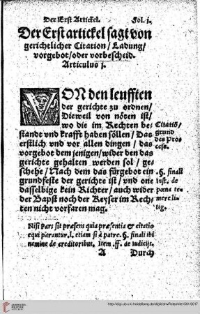 Erster Artickel: von Gerichtlicher Citation/Ladunge/Vorgebot oder Vorbescheid