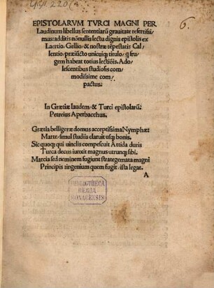 Epistolarum Turci Magni per Laudinum libellus : sententiarum gravitate refertissimus additis nonnullis lectu dignis epistolis ex Laertio ...