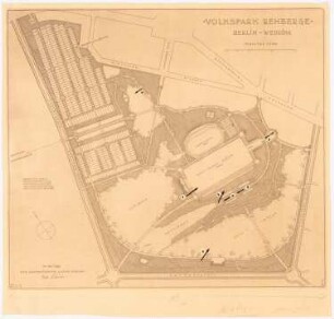 Volkspark Rehberge, Berlin-Wedding: Gesamtanlage im Grundriss mit Angaben von nummerierten Blickrichtungen für Perspektivzeichnungen 1:2000, Maßstabsleiste, Stempel
